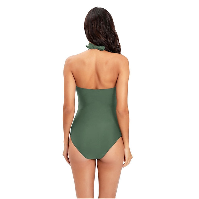 Women's Swimwear One Piece Normal Swimsuit Open Back Solid Color Leopard Leopard Print Black Wine Blue Green Bodysuit Bathing Suits Sports Summer