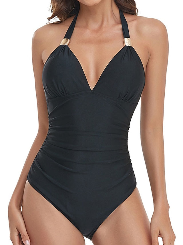 Women's One Piece Swimsuit Tummy Control Open Back Leaf Leopard Print Halter Padded Bathing Suit