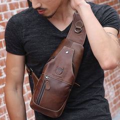 Men Genuine Leather Wear Resisting Textured Business Casual Brown Black Chest Bag Shoulder Crossbody