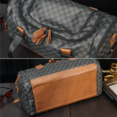 Men PU Leather Plaid Pattern Multifunction Handbag Fashion Multi-pocket Travel Bag Fitness Bag Crossbody Bag Shoulder Bag