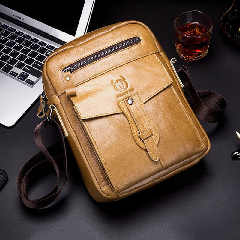 Men Genuine Leather Business Retro Solid Color Crossbody Bag Shoulder Bag