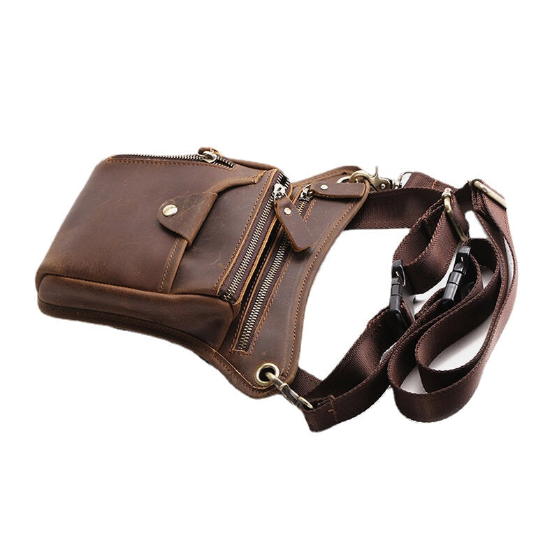 Men Retro Genuine Leather Multi-pocket Waist Bag Outdoor Sport 6.5 Inch Phone Bag Zipper Crossbody Bags Shoulder Bag