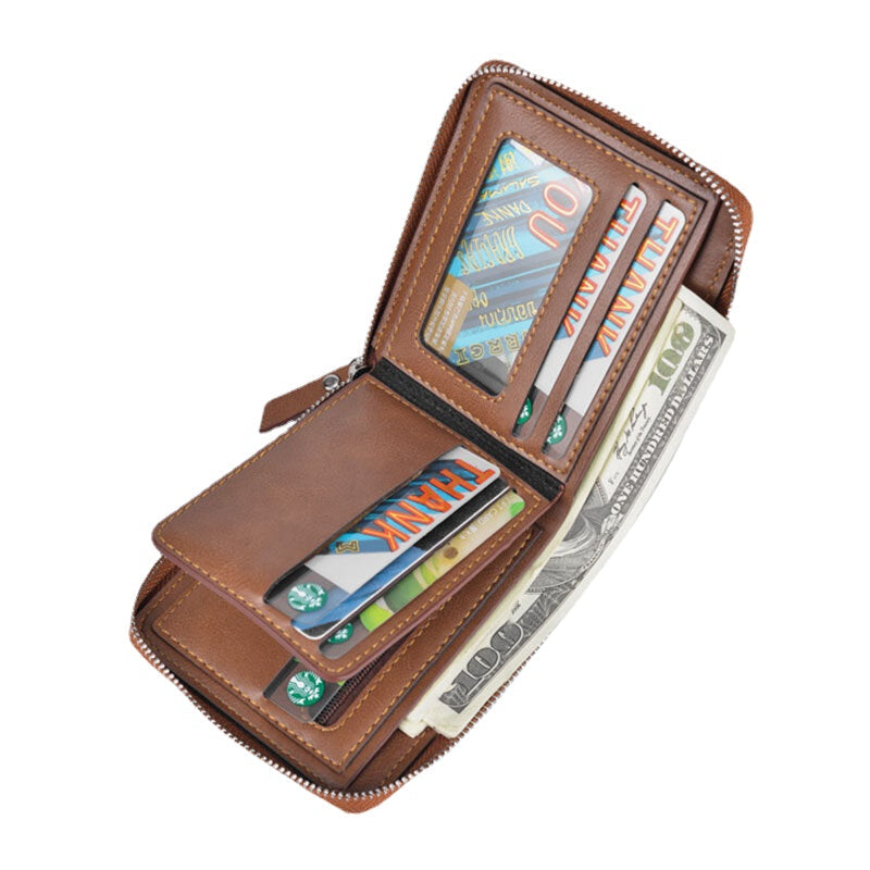 Men Faux Leather RFID Anti-theft Retro Zipper Card Holder Wallet