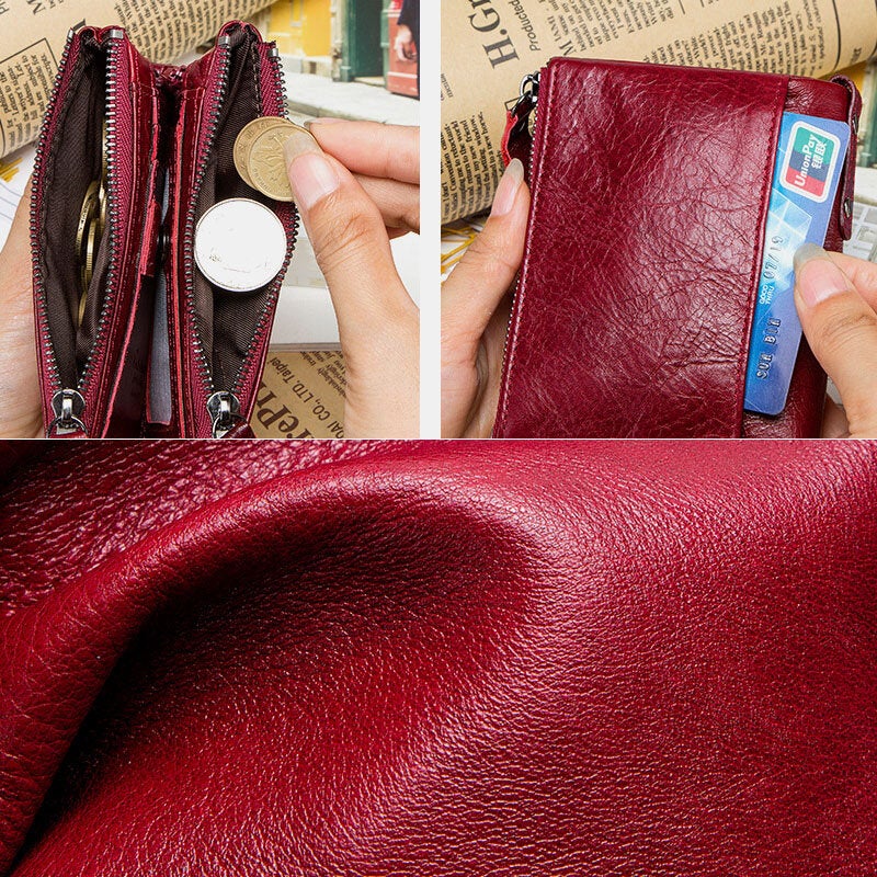 Genuine Leather Multifunction Multi-slot Double Zipper Casual Brief Solid Color Card Holder Wallet