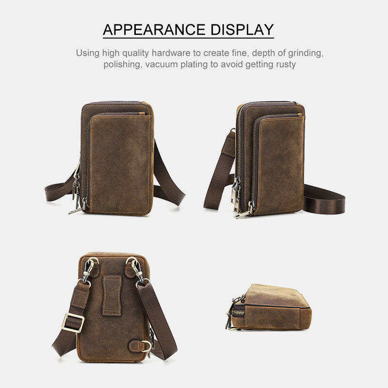 Men Vintage Genuine Leather Zip Side Convertible Straps Crossbody Bag Large Capacity Belt Bag Waist Bag