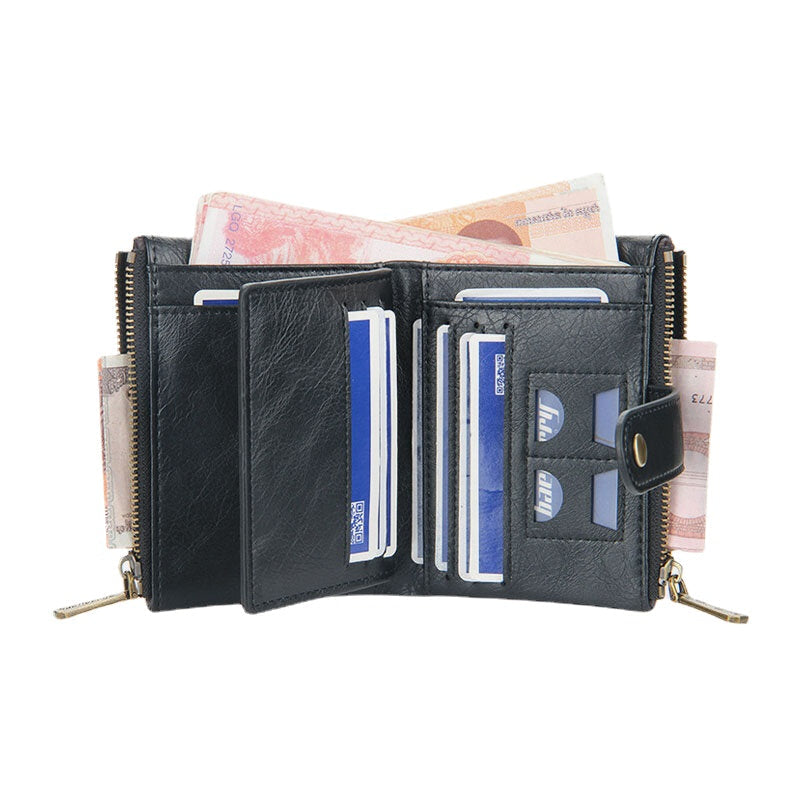 Men PU Leather Short Bifold Double Zipper Multi-card Slot Card Holder Retro Coin Purse Money Clip Wallet