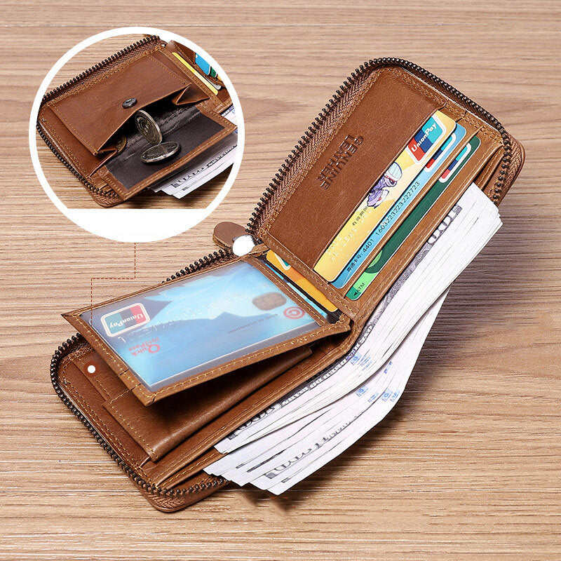 Men Genuine Leather Chain RFID Blocking Anti-theft Zipper Multi-slot Card Holder Wallet