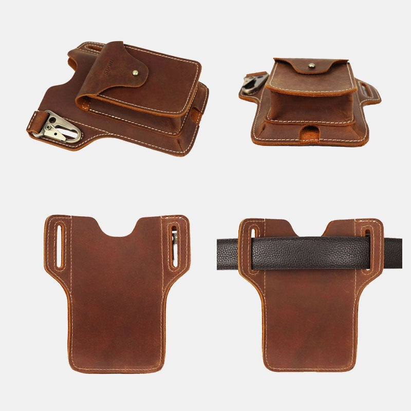 Men Genuine Leather Multifunction Keychain Sport Waist Bag Retro 6.5 Inch Phone Waterproof Belt