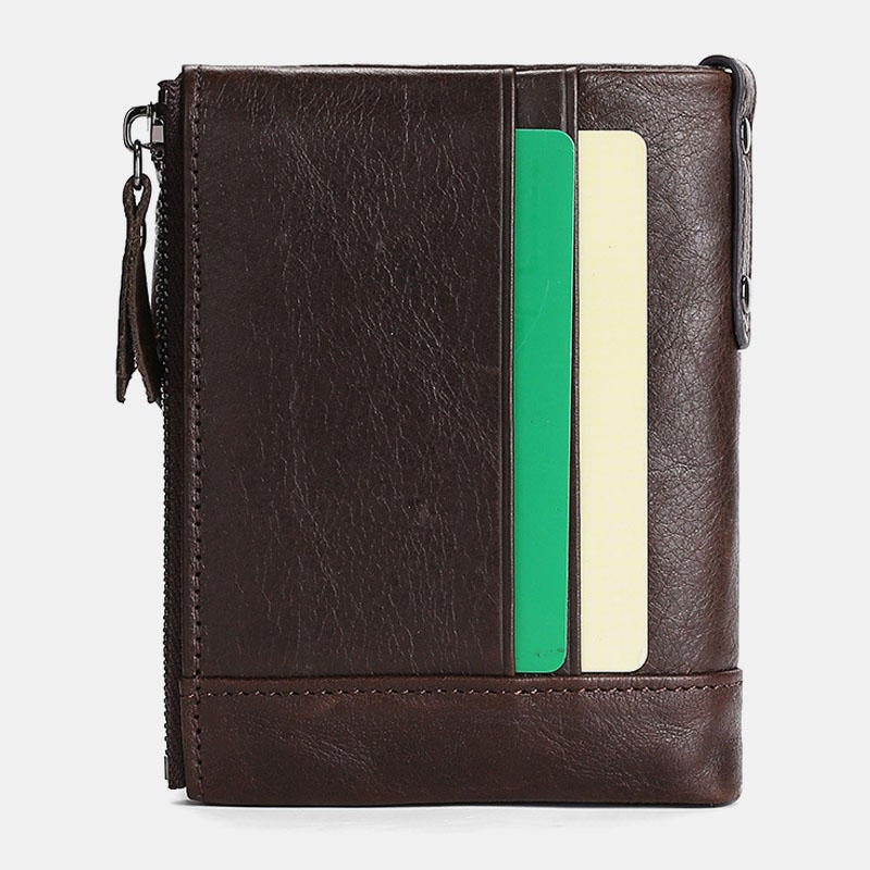 Men Genuine Leather RFID Blocking Vintage Double Zipper Cards Holder Wallet