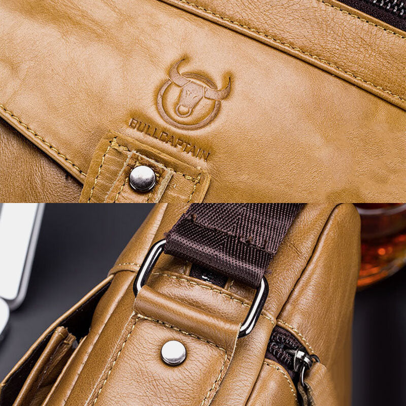 Men Genuine Leather Business Retro Solid Color Crossbody Bag Shoulder Bag