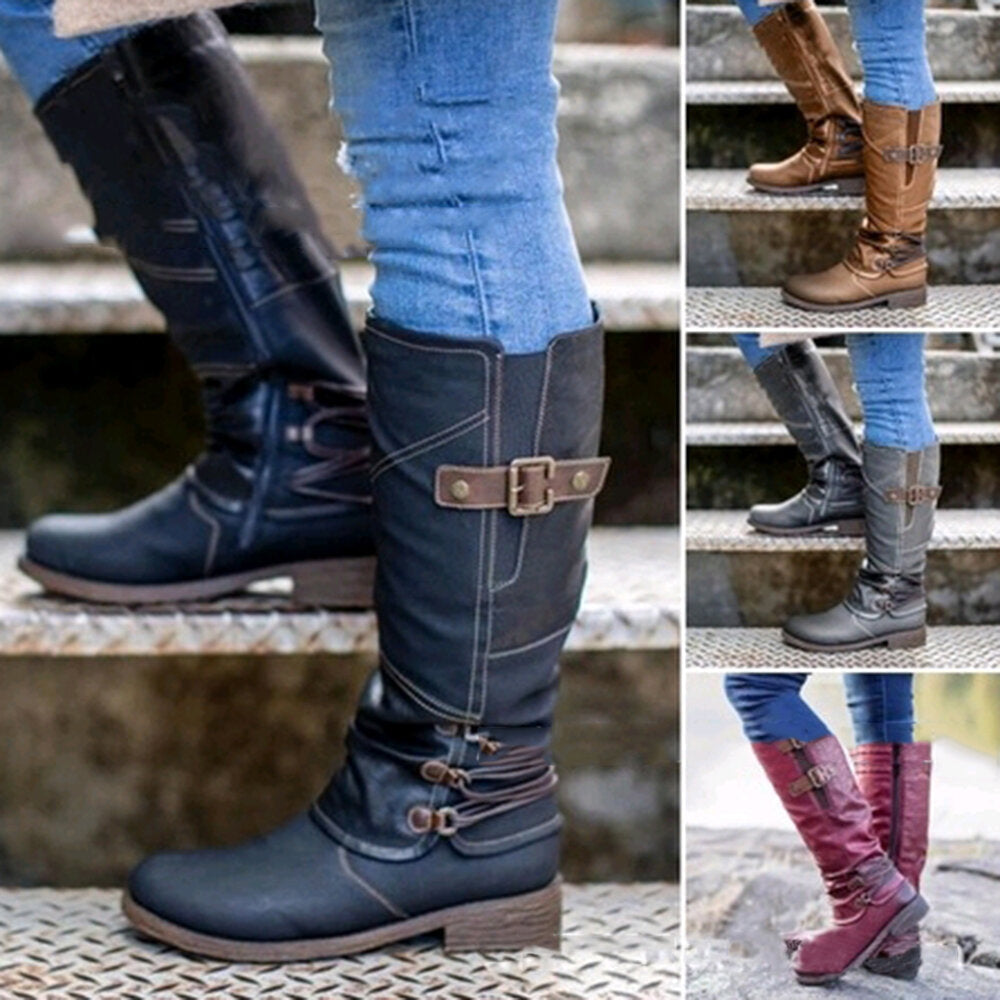 Women Metal Buckle Decor Slip On Mid Calf Riding Boots