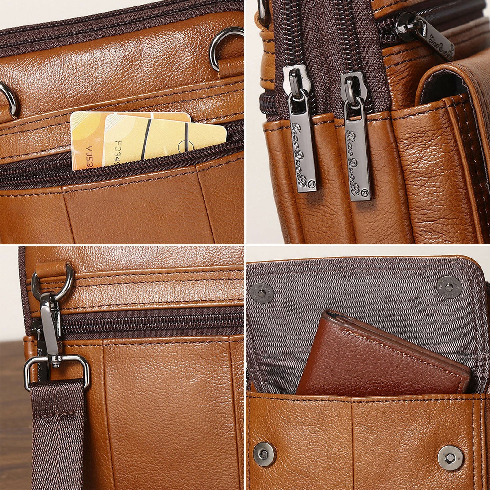 Men Cowhide Multi-compartment Zipper Shoulder Bag Crossbody Bag Outdoor Casual Vintage Messenger Bag