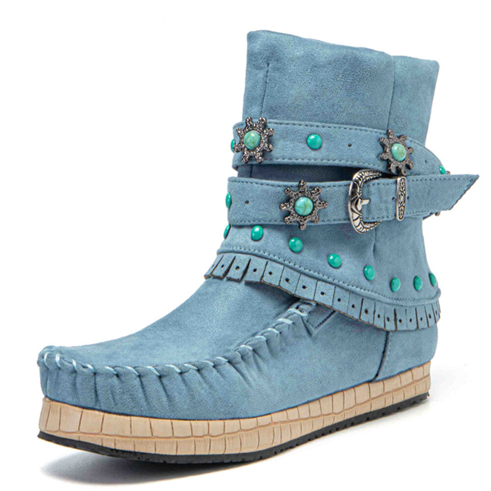 Plus Size Women Ethnic Rhinestone Tassel Flat Moccasin Short Boots