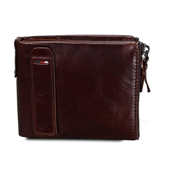 Men RFID Genuine Leather Short Double Zipper Wallet Card Holder Coin Bag