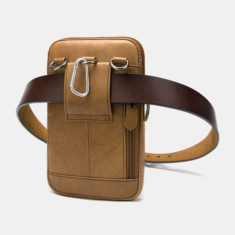 Men Multi-pocket Genuine Leather Belt Bag With Hook Wear-resistant 6.5 Inch Phone Shoulder Crossbody Bags Waist