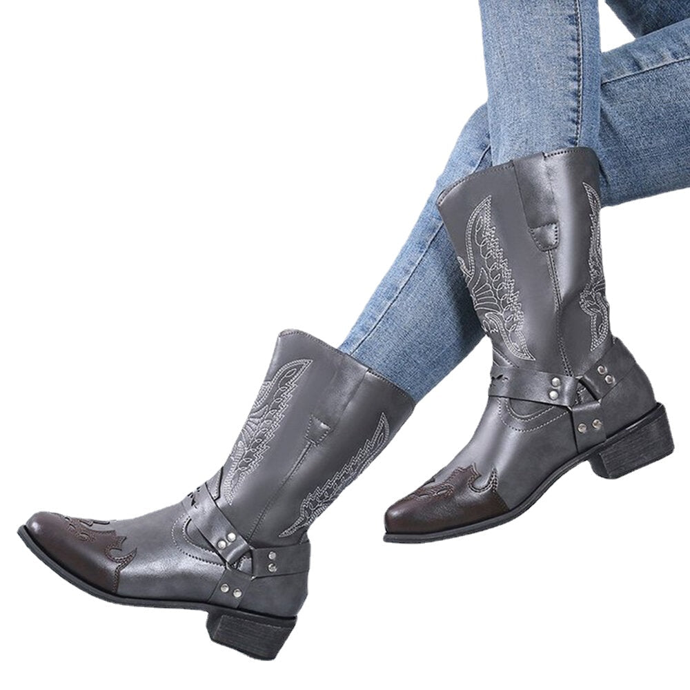 Women Retro Embroidery Leather England Style Pointy Toe Mid-calf Pull-on Casual Martin Knight Boots