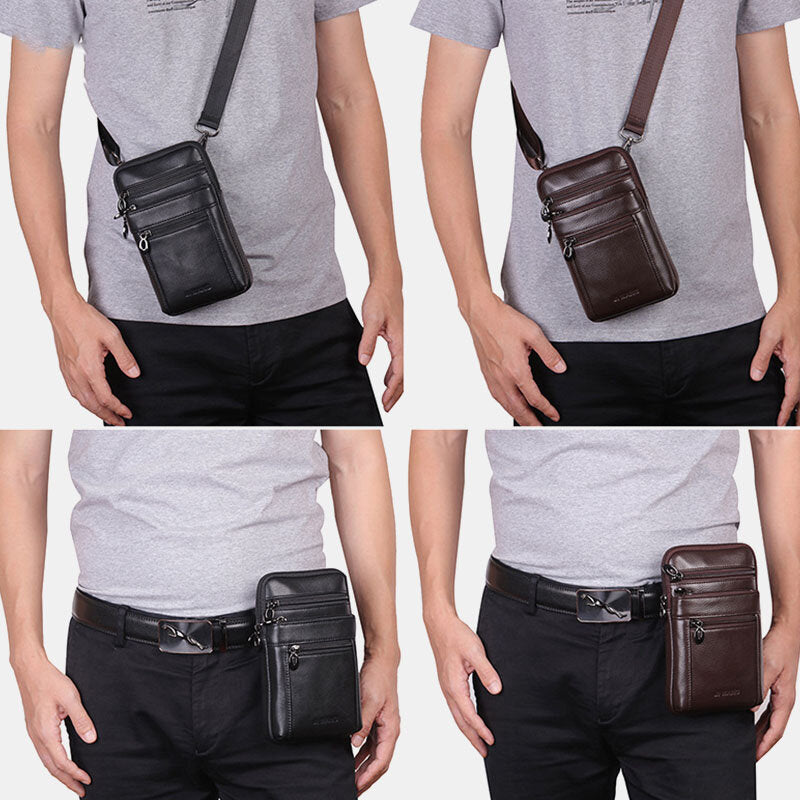 Men Genuine Leather 7 inch Phone Bag Waist Bag Belt Bag Shoulder Bag Crossbody Bag