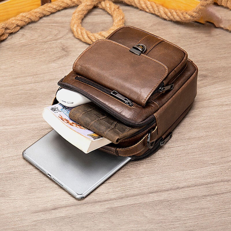 Men Genuine Leather Back Anti-theft Pocket Crossbody Bags Retro Multi-pocket Wear-resistant Messenger Bag Shoulder