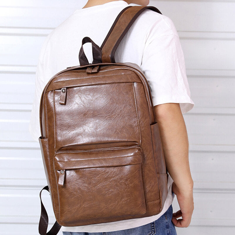 Men USB Charging Faux Leather Business Retro Large Capacity Waterproof 15.6 Inch Laptop Bag Backpack