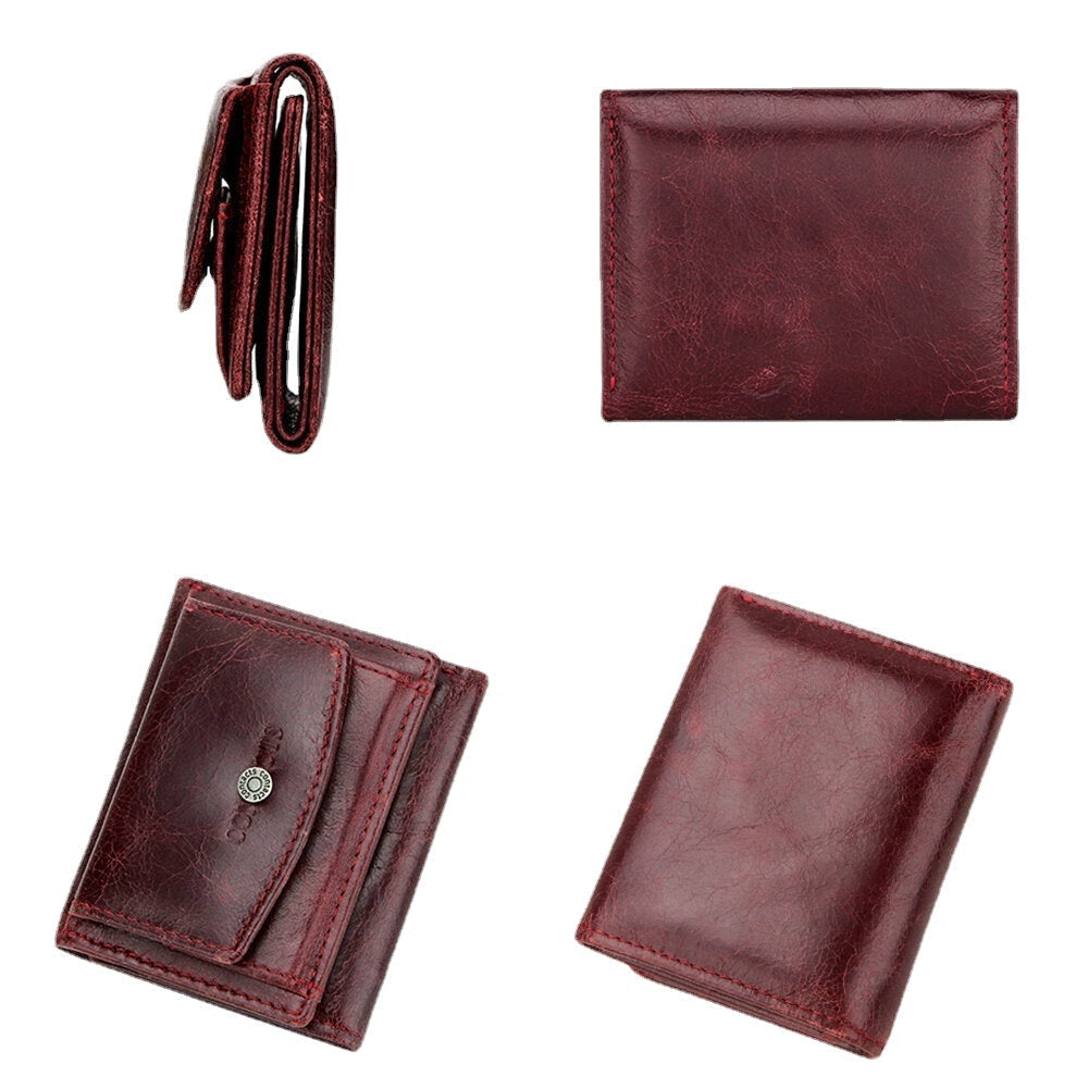 Women Genuine Leather RFID Anti-theft Brush Leather Mini Wallet Multi-function Tri Fold Coin Purse