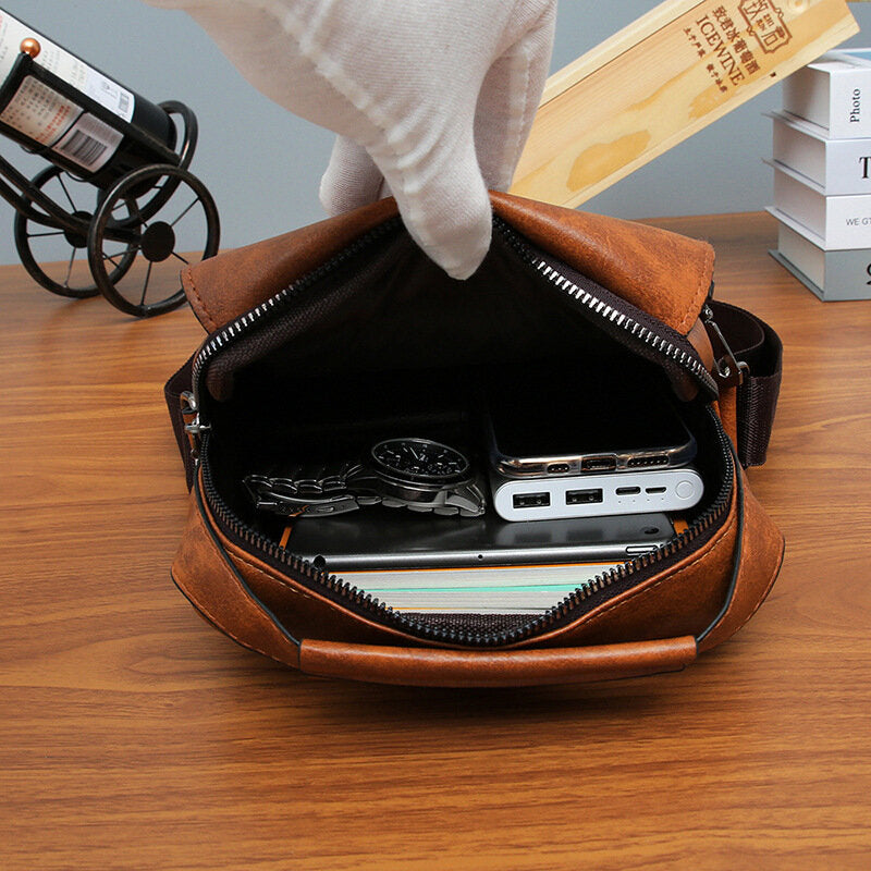 Men's Vintage PU Leather Crossbody Bag - Large Capacity, Zipper Decor, Shoulder Handbag