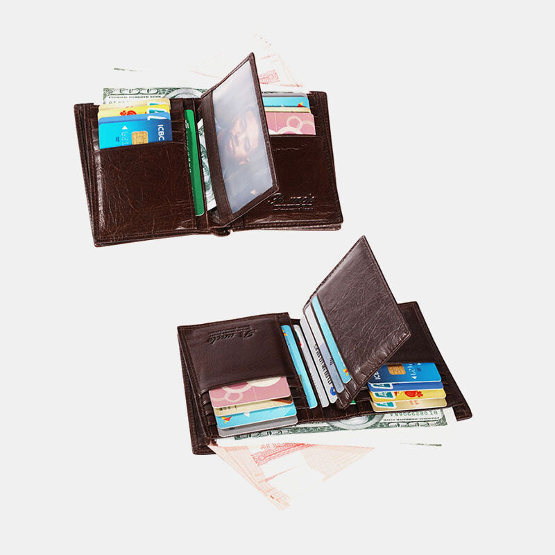 Men Genuine Leather RFID Anti theft 15 Card Slots Bifold Wallet Purse