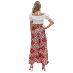 Sexy Print Long Women Summer High Waist Sash Wide Leg Split Trousers