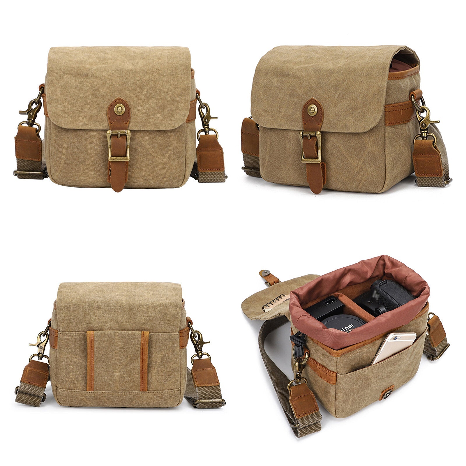 Men Canvas Waterproof Wear-resistant DSLR Camera Bag Shock-absorbing Compartment Magnetic Buckle Shoulder Bag Waist Bag