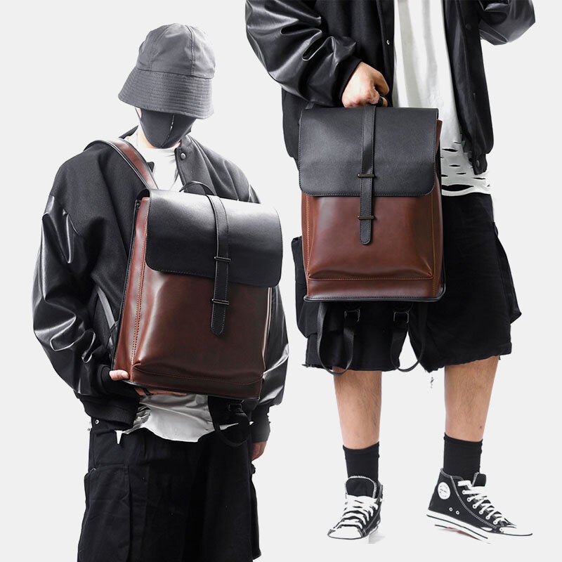 Men Faux Leather Retro Wear -resisting Large Capacity Backpack 15.6 Inch Laptop Bag