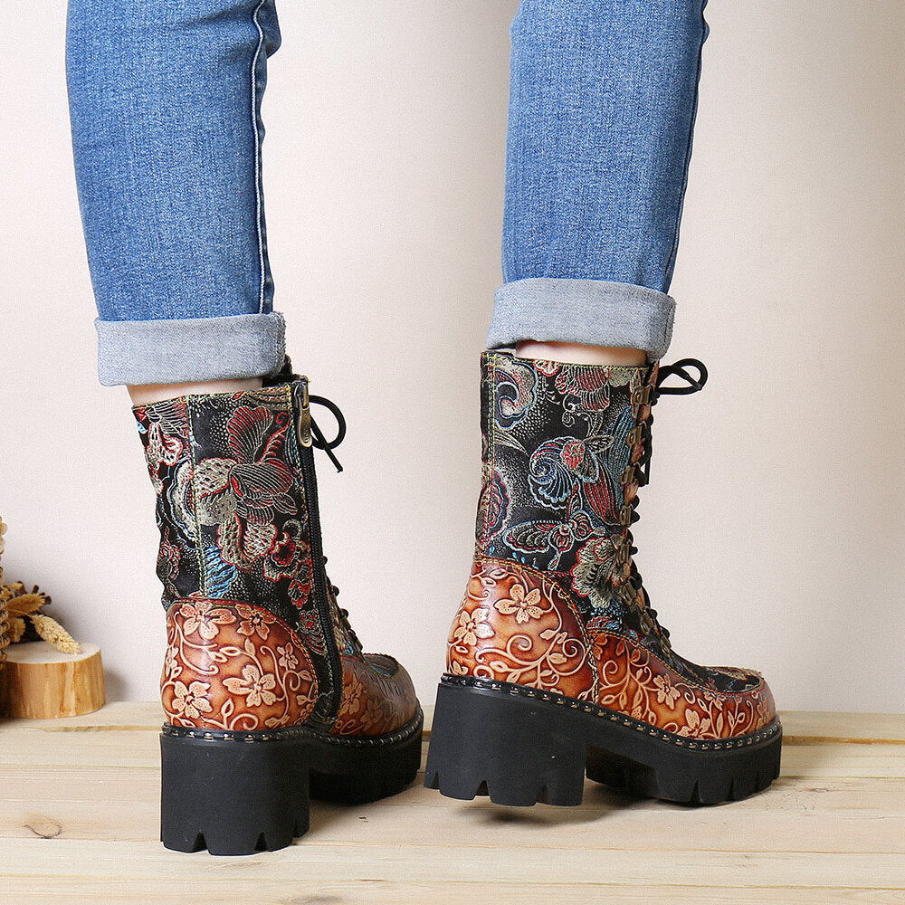 Retro Round Toe Embossing Floral Embroidery Cloth Leather Splicing Wearable Short Boots