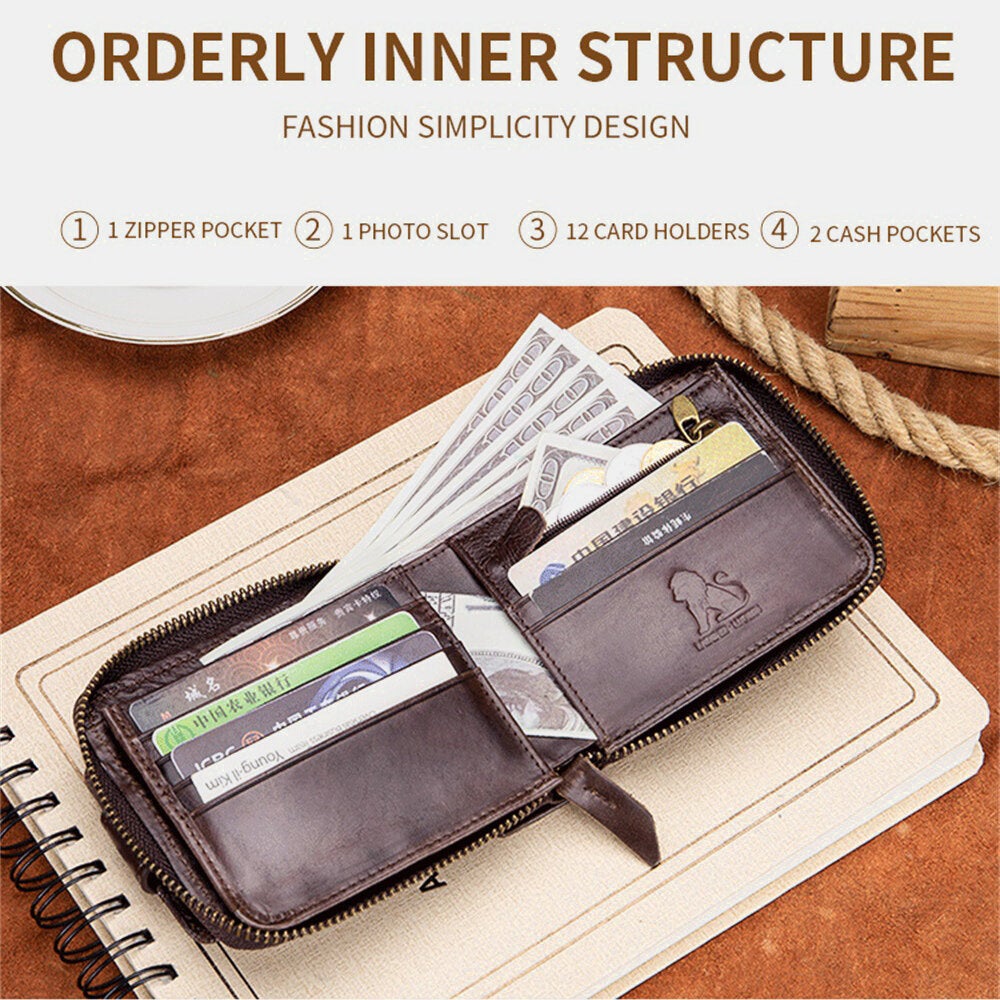 Men Genuine Leather Bifold Large Capacity RFID Anti-theft 12 Card Slots Holder Coin Purse Money Clip Wallet