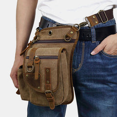 Men Genuine Leather And Canvas Cycling Outdoor Sport Leg Bag Waist Crossbody