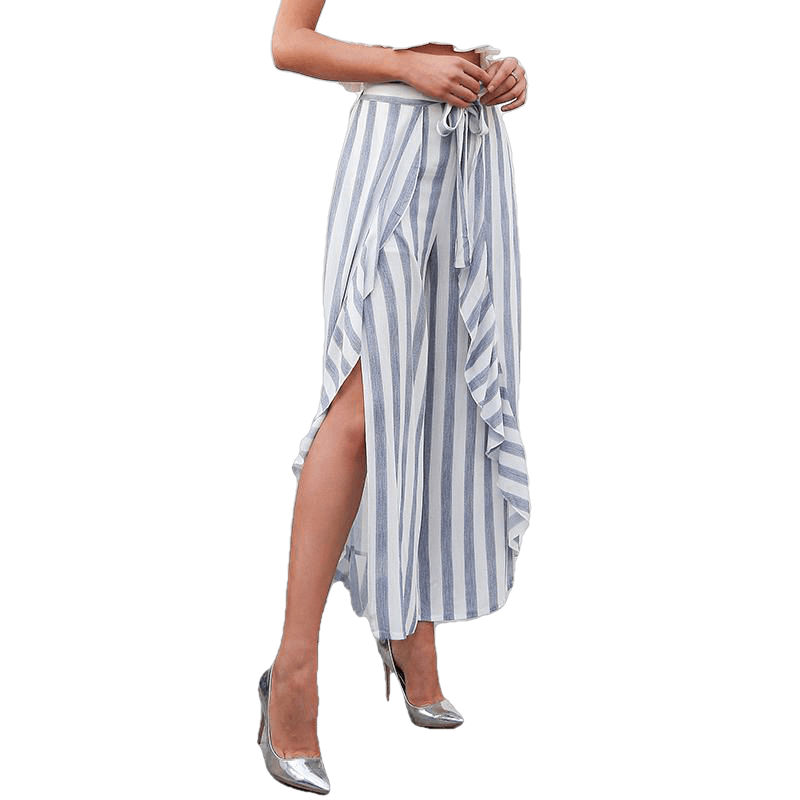 Stripe Split Wide Leg Pants Bottom Sash Ruffle High Waist Trousers For Women