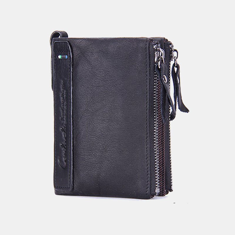 Genuine Leather Multifunction Multi-slot Double Zipper Casual Brief Solid Color Card Holder Wallet