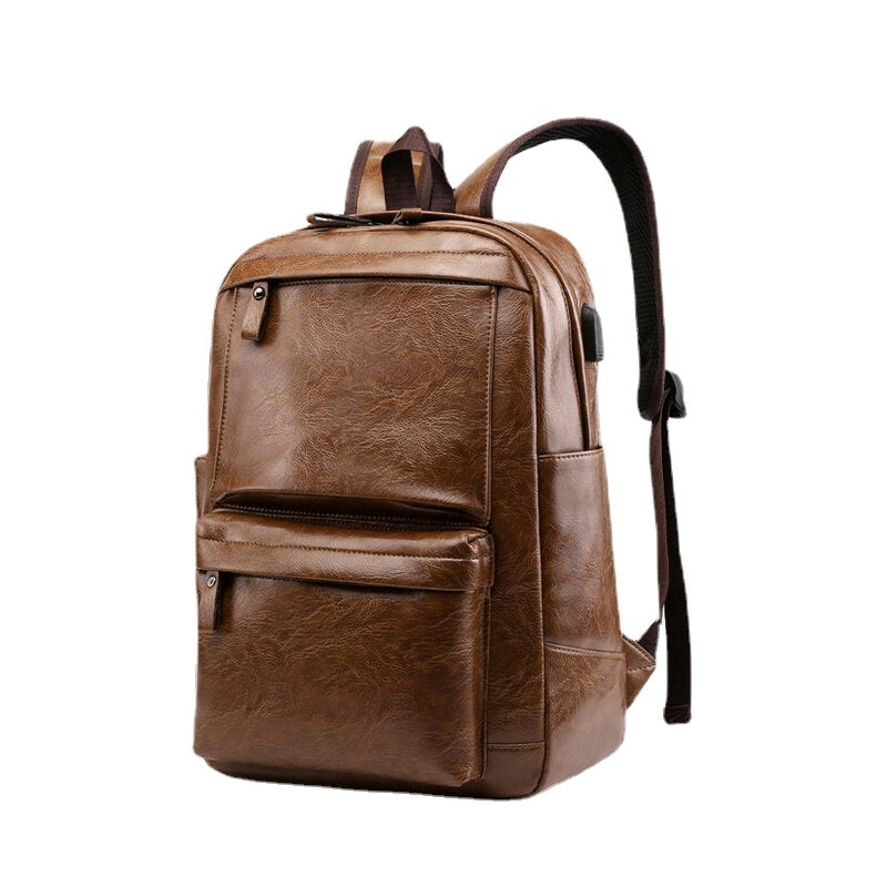 Men USB Charging Faux Leather Business Retro Large Capacity Waterproof 15.6 Inch Laptop Bag Backpack