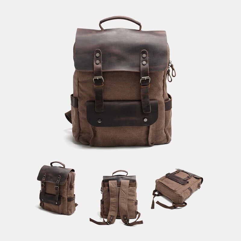 Men Retro Vintage Multifunction Canvas Leather Anti-theft Backpack