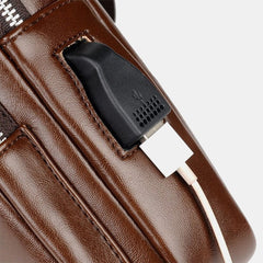 Men PU Leather USB Charging Waterproof Earphone Hole Business Crossbody Bag Chest Bag Sling Bag