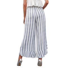 Stripe Split Wide Leg Pants Bottom Sash Ruffle High Waist Trousers For Women