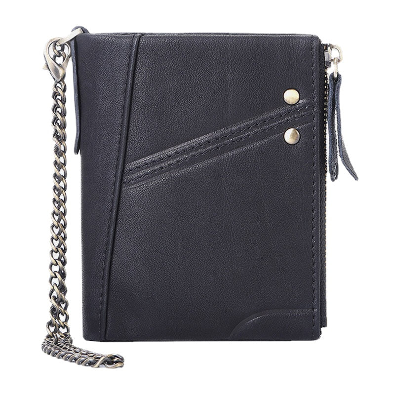 Men Genuine Leather RFID Blocking Anti-theft Retro Business Double Zipper Card Holder Wallet