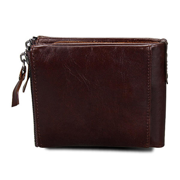 Men RFID Genuine Leather Short Double Zipper Wallet Card Holder Coin Bag