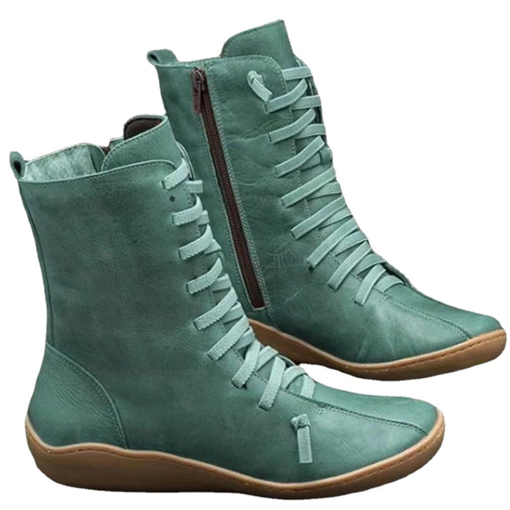 Women Old Fashion Pure Color Leather Mid-Calf Boots