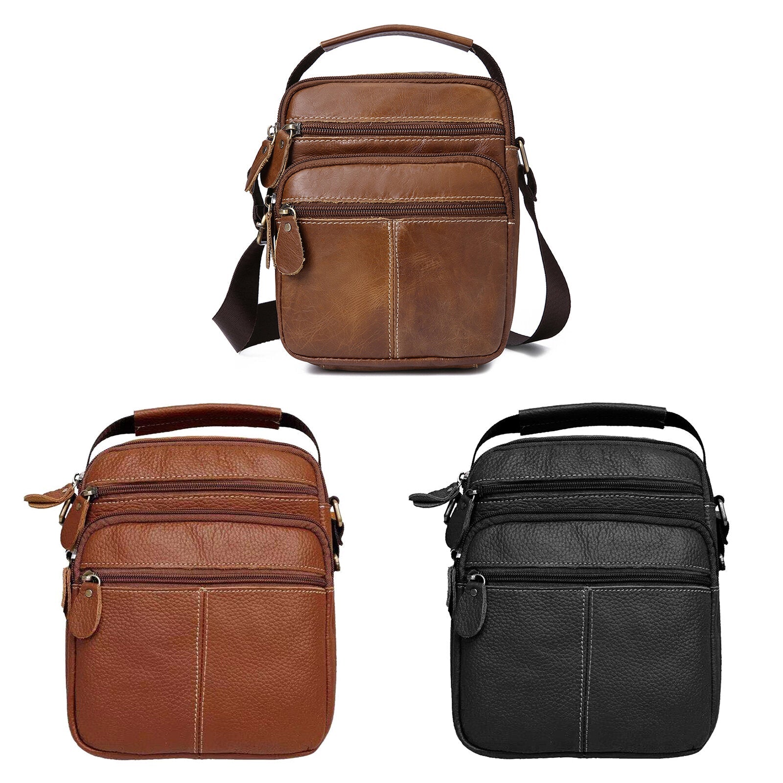 Men Genuine Leather Vintage Large Capactity Crossbody Bag Hard Wearing Fashion Zipper Design Shoulder Bag