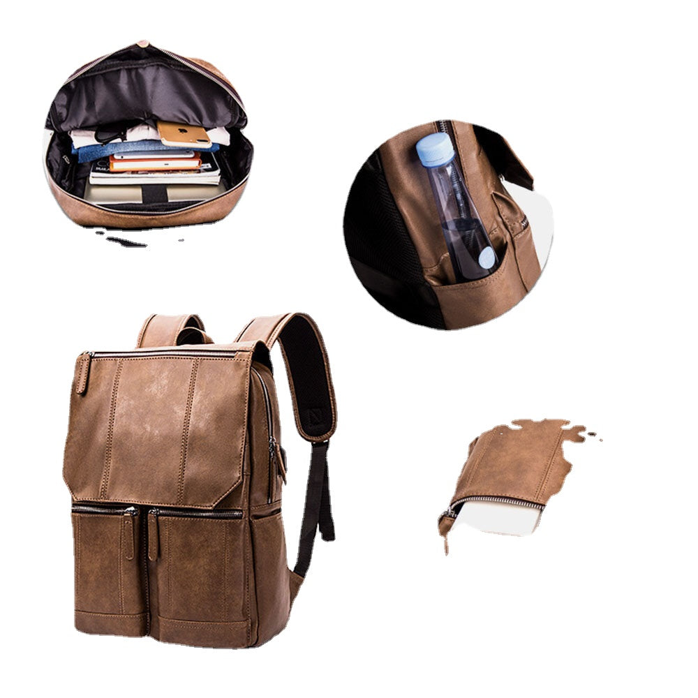 Men PU Leather Large Capacity Waterproof Backpack Vintage 15.6 Inch Laptop Bag Travel Bag