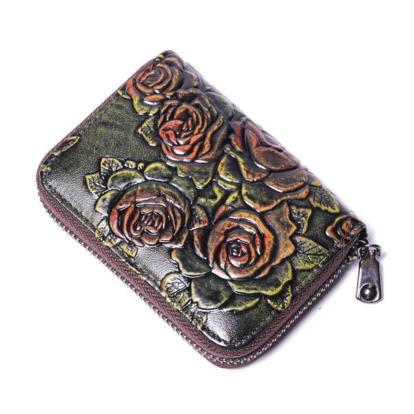 Women Vintage Casual Floral Genuine Leather Card Holder Coin Purse Wallet