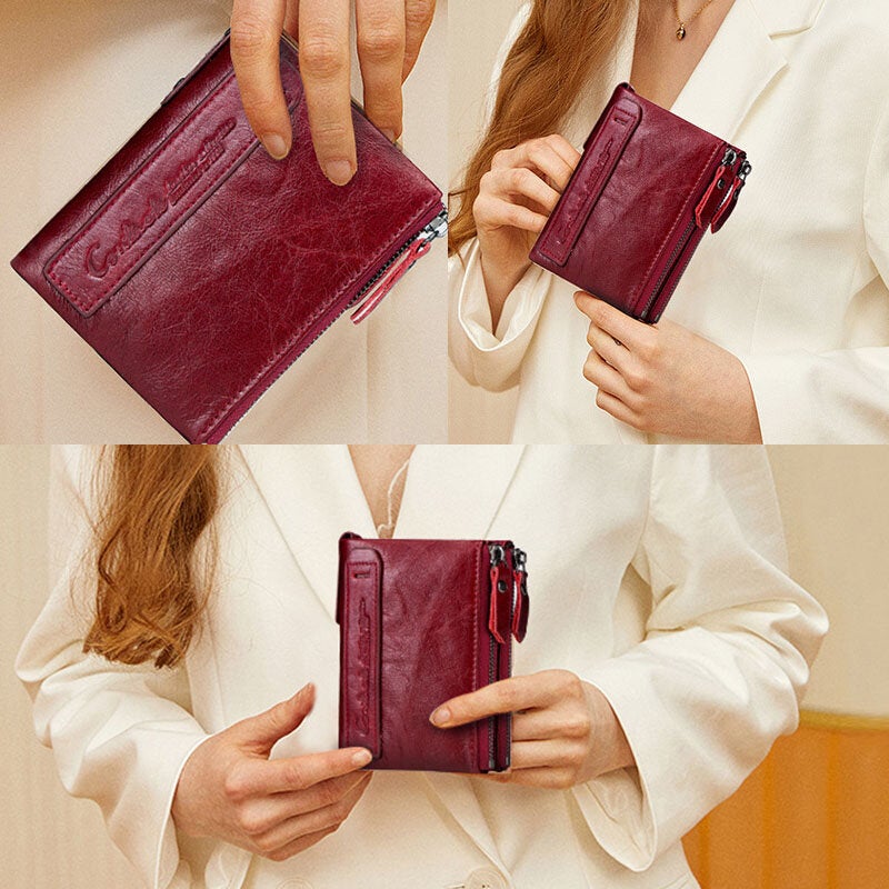 Genuine Leather Multifunction Multi-slot Double Zipper Casual Brief Solid Color Card Holder Wallet