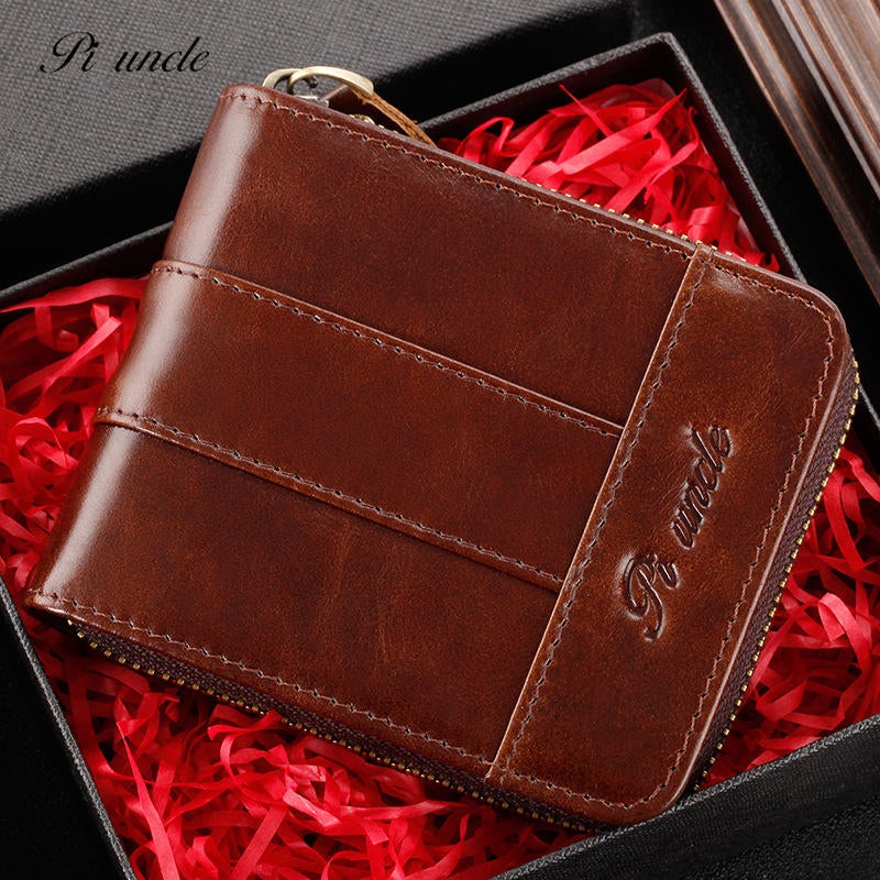 Men Genuine Leather Mini Retro Coin Card Holder Zipper Wallet