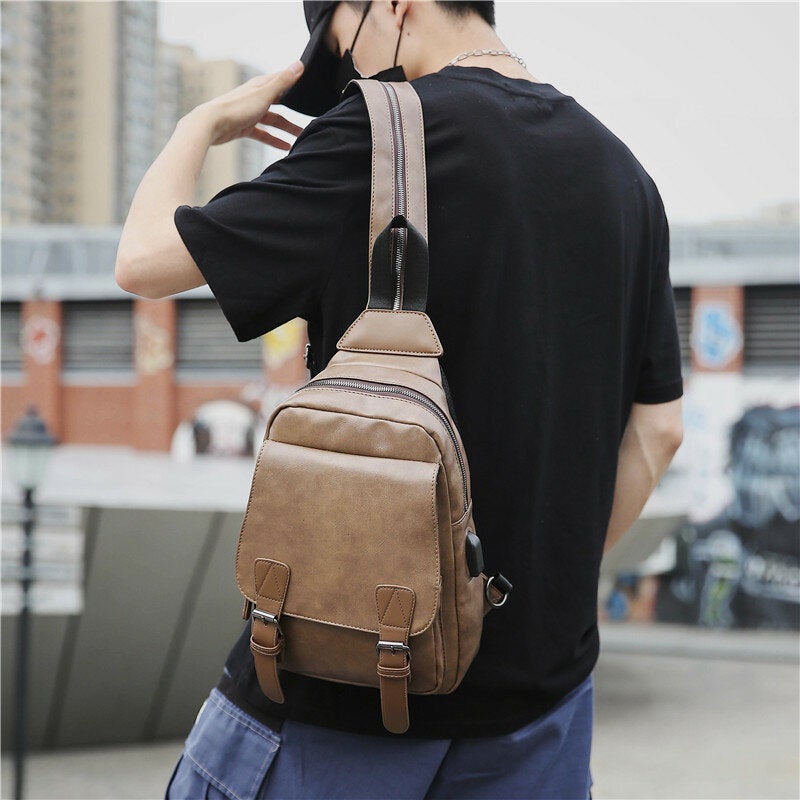 Men Retro Earphone Hole Multi-carry USB Charging Multi-Layers Waterproof Crossbody Bag Chest Sling