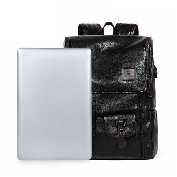 Men PU Leather Solid Vintage Large Capacity Backpack USB Charging Shoulder Bag