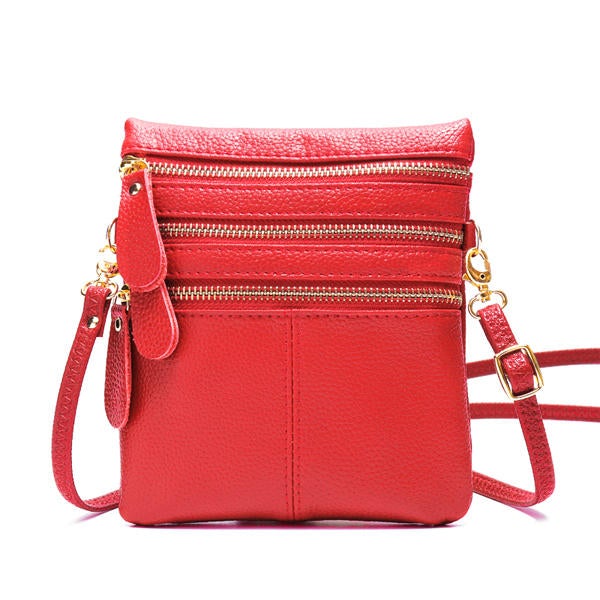 Women Genuine Leather Multi-Function Phone Bag Solid Crossbody Bag