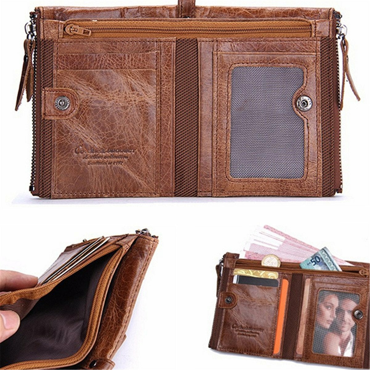 Men Genuine Leather Bifold Hasp Multi-Card Slot Card Holder Retro Double Zipper Pocket Coin Purse Short Money Clip Wallet